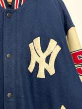 Vintage 1990s New York Yankees 1952 50th Anniversary World Series Champions MLB Baseball Genuine Leather and Wool Varsity Bomber Jacket (size XL)