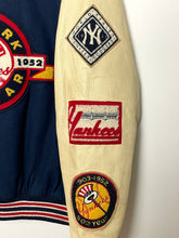 Vintage 1990s New York Yankees 1952 50th Anniversary World Series Champions MLB Baseball Genuine Leather and Wool Varsity Bomber Jacket (size XL)
