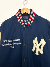 Vintage 1990s New York Yankees 1952 50th Anniversary World Series Champions MLB Baseball Genuine Leather and Wool Varsity Bomber Jacket (size XL)
