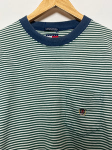 Vintage 1990s Tommy Hilfiger Striped Lion Crest Logo Ringer Tee Shirt (size adult Large)