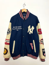 Vintage 1990s New York Yankees 1952 50th Anniversary World Series Champions MLB Baseball Genuine Leather and Wool Varsity Bomber Jacket (size XL)