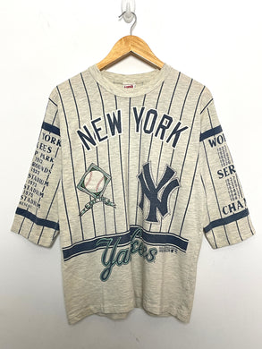 Vintage 1990s Long Gone 1927 New York Yankees World Series Champions “Greatest Team” MLB Baseball Pinstriped 3/4 Sleeve Graphic Tee Shirt
