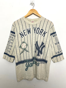 Vintage 1990s Long Gone 1927 New York Yankees World Series Champions “Greatest Team” MLB Baseball Pinstriped 3/4 Sleeve Graphic Tee Shirt