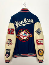 Vintage 1990s New York Yankees 1952 50th Anniversary World Series Champions MLB Baseball Genuine Leather and Wool Varsity Bomber Jacket (size XL)
