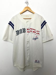 Vintage Los Angeles Dodgers USA Flag Spell Out MLB Baseball Jersey (size adult Large)