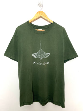 Vintage 1990s WoodenBoat Magazine Spell Out Sailing Graphic Forrest Green Tee Shirt (size adult Large)