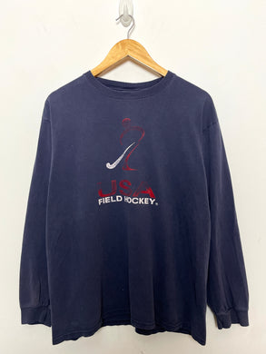 Vintage 1990s USA Field Hockey Spell Out Graphic Long Sleeve Tee Shirt (size adult Large)
