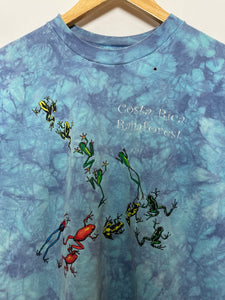 Vintage 1990s Costa Rica Rainforest Tree Frog Graphic Blue Dyed Tee Shirt (size adult Medium)
