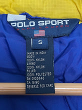 Vintage 1990s Polo Sport by Ralph Lauren Spell Out Logo Blue and Yellow Striped Zip Up Womens Puffer Jacket (size womens Small)