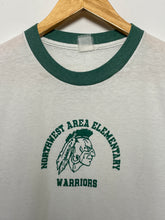 Vintage 1980s Northwest Area Elementary Warriors Graphic Green and White Ringer Tee Shirt (size adult Small)