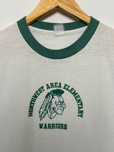 Vintage 1980s Northwest Area Elementary Warriors Graphic Green and White Ringer Tee Shirt (size adult Small)