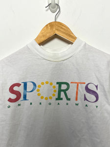 Vintage 1980s Sports on Broadway New York City Multi Color Spell Out made in USA Graphic Tee Shirt (fits adult XS)