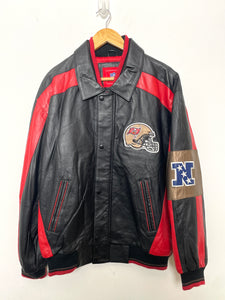 Vintage 1990s Tampa Bay Buccaneers NFL Football NFC South Red and Black Graphic Zip Up Genuine Leather Jacket (size adult Large)