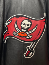 Vintage 1990s Tampa Bay Buccaneers NFL Football NFC South Red and Black Graphic Zip Up Genuine Leather Jacket (size adult Large)