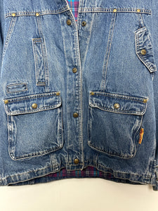 Vintage 1990s Arizona Jean Company Spell Out Graphic Logo Cargo Pocket Plaid Flannel Lined Denim Jacket (fits adult Small)
