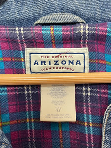 Vintage 1990s Arizona Jean Company Spell Out Graphic Logo Cargo Pocket Plaid Flannel Lined Denim Jacket (fits adult Small)