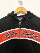 Vintage 1990s Harley Davidson Motorcycles Striped Spell Out Bar and Shield Logo Zip Up Hooded Women's Fleece Biker Jacket (size women's S)