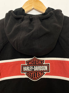 Vintage 1990s Harley Davidson Motorcycles Striped Spell Out Bar and Shield Logo Zip Up Hooded Women's Fleece Biker Jacket (size women's S)