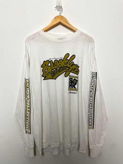 Vintage 1990s School of Hard Knocks Campus Collection Brooklyn New York Alumni Spell Out made in USA Graphic Long Sleeve Tee Shirt (size XL)