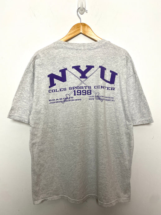 Vintage 1998 New York University Champion UAA Fencing Championship Graphic College Tee Shirt (size adult XL)