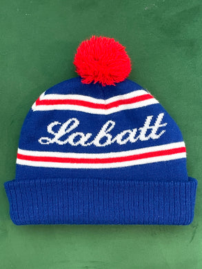 Vintage Labatt Canadian Beer Striped Spell Out Graphic Pom Pom Beanie Hat (one size fits all)