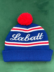 Vintage Labatt Canadian Beer Striped Spell Out Graphic Pom Pom Beanie Hat (one size fits all)