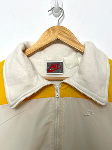 Vintage 1990s Nike Spell Out Mini Swoosh Logo Yellow and White Zip Up Fleece Lined Heavy Windbreaker Jacket (fits adult Large)