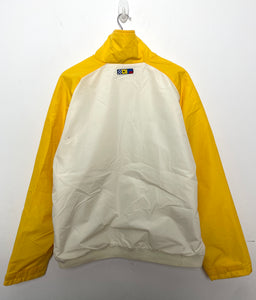 Vintage 1990s Nike Spell Out Mini Swoosh Logo Yellow and White Zip Up Fleece Lined Heavy Windbreaker Jacket (fits adult Large)