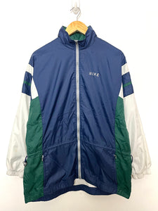 Vintage 1990s Nike Spell Out Swoosh Logo Zip Up Green and Blue Striped Windbreaker Jacket (fits adult Small)
