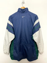 Vintage 1990s Nike Spell Out Swoosh Logo Zip Up Green and Blue Striped Windbreaker Jacket (fits adult Small)