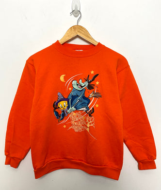 Vintage 1990s Tweety Looney Tunes Witch Halloween Graphic Orange Pullover Youth Crewneck Sweatshirt (size youth Large)