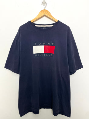 Vintage 1990s Tommy Hilfiger Spell Out Flag Logo Navy Blue Graphic Tee Shirt (size adult XXL)