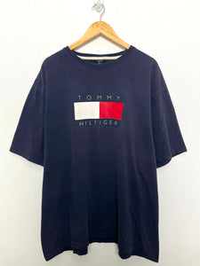 Vintage 1990s Tommy Hilfiger Spell Out Flag Logo Navy Blue Graphic Tee Shirt (size adult XXL)