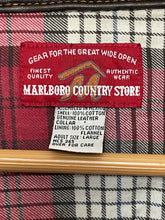 Vintage 1990s Marlboro Country Store Leather Collar Flannel Lined Button Up Western Style Denim Jean Jacket (size adult Large)
