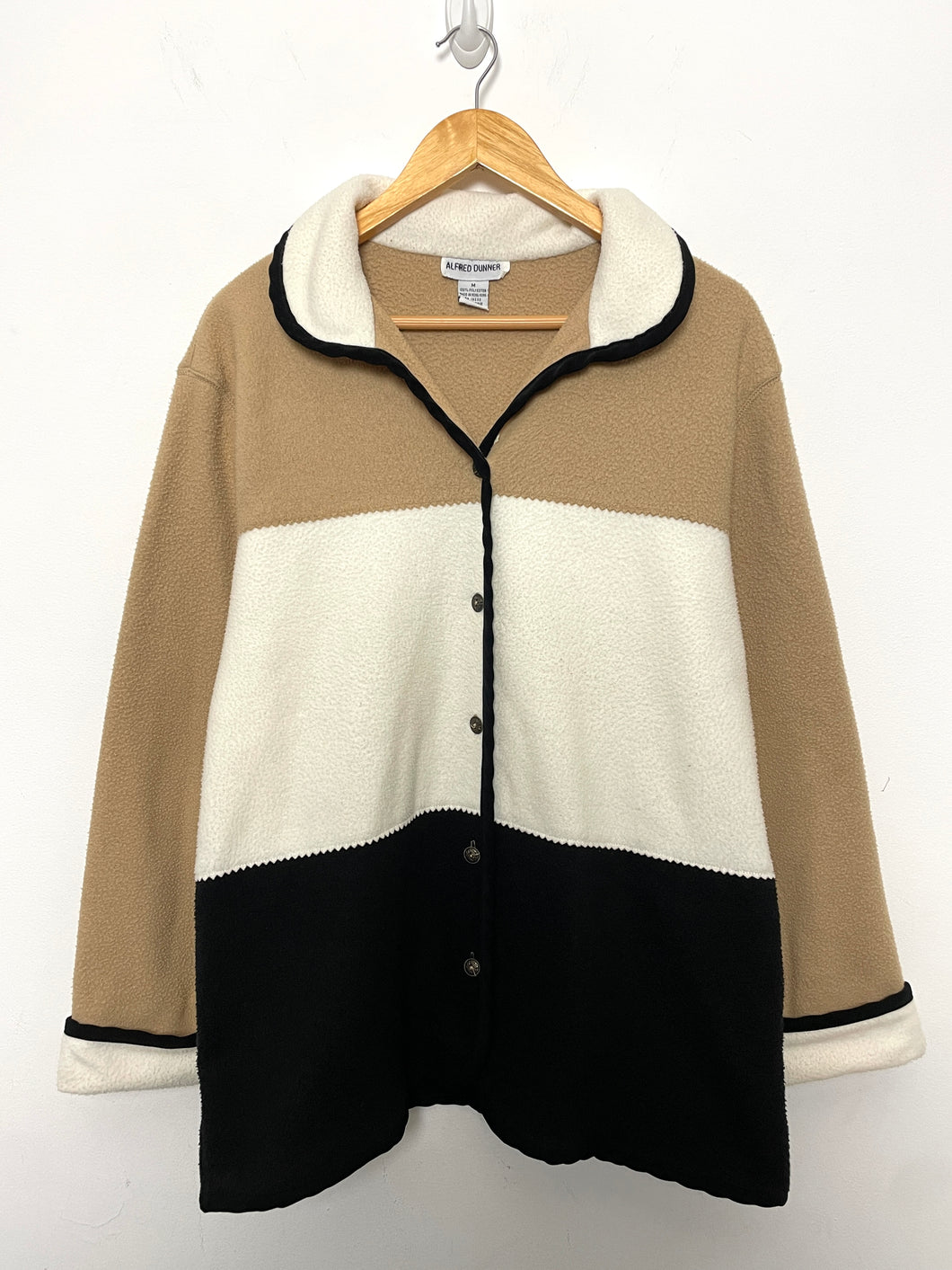 Vintage 1990s Alfred Dunner Striped Beige White and Black Color Blocked Button Up Fleece Jacket (size adult Medium)