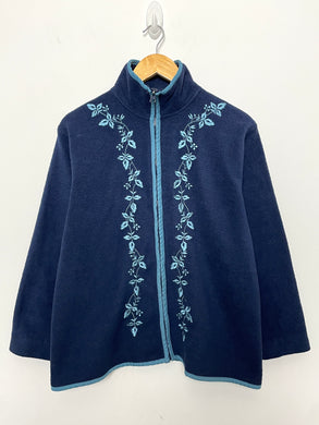 Vintage 1990s Embroidered Floral Design Zip Up Blue Fleece Jacket (fits adult Small)