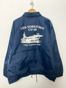 Vintage 1980s USS Yorktown CV-10 "The Fighting Lady" United States Navy Aircraft Carrier Graphic Windbreaker Coach Jacket (size adult XL)