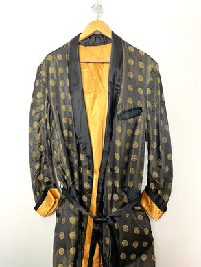 Vintage 1950s/1960s Circular Design Print Tasseled Black and Gold Decorative Elongated Smoking Jacket Robe (size adult Large)