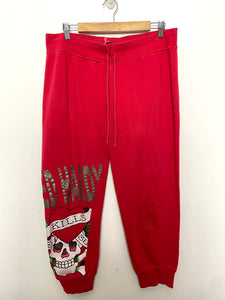 Vintage Y2K Ed Hardy Tattoo Rhinestone Heart Skull Graphic Red Capri Sweatpants (size 36 waist)