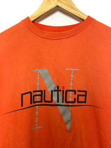 Vintage 1990s Nautica Spell Out Logo Sailing Graphic made in USA Orange Tee Shirt (fits adult Large)