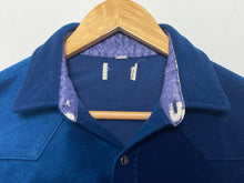 Vintage 1970s Blue Velour Western Style Pearl Snap Button Up Long Sleeve Shirt (size adult Medium)