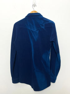 Vintage 1970s Blue Velour Western Style Pearl Snap Button Up Long Sleeve Shirt (size adult Medium)
