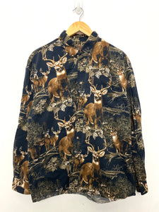 Vintage 1990s Whitetail Deer All Over Print Graphic Button Up Long Sleeve Shirt (size adult Large)