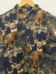 Vintage 1990s Whitetail Deer All Over Print Graphic Button Up Long Sleeve Shirt (size adult Large)