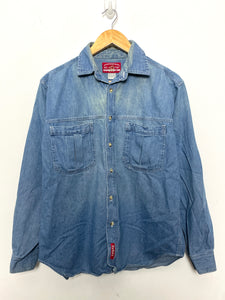 Vintage 1990s Marlboro Country Store Button Up Long Sleeve Blue Denim Shirt (fits adult Medium)