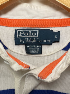 Vintage Polo by Ralph Lauren "Big Pony" Number 3 Blue and White Striped Short Sleeve Rugby Shirt (size adult Large)