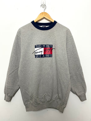 Vintage 1990s Tommy Hilfiger Jeans Spell Out Flag Logo Graphic Ringer Crewneck Sweatshirt (fits adult Medium)