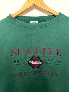 Vintage 1990s Seattle Washington Port Chatham Embroidered Spell Out Salmon Graphic Forest Green Crewneck Sweatshirt (fits adult XL)