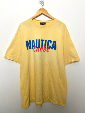 Vintage 1990s Nautica Caribe Spell Out Fish Graphic Pastel Color Way made in USA Tee Shirt (size adult XL)