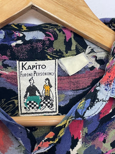 Vintage 1980s Kapito "For One Person Only" Multi Color Abstract Print Button Up Pocket Shirt (fits adult Medium)